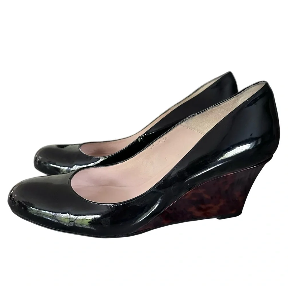 LK Bennett Zahara Wedge Heel Tortoise Shell Patent Print Black Size 37.5 US 7